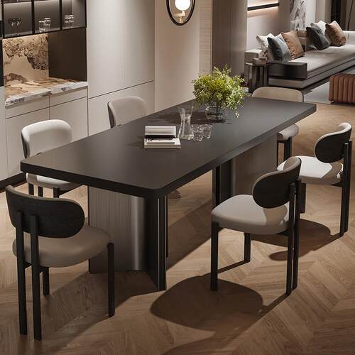 意式极简纯黑加厚岩板餐桌椅组合大户型大板桌长方形岛台复古Q^l