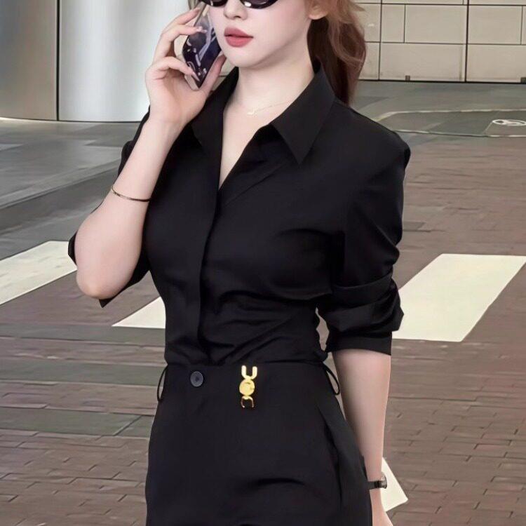 高级感百搭长袖黑色衬衫女装赵露思许妍同款职业装秘书纯欲制服