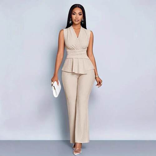 Women Sleeveless Waist Two Set Slim Formal Blazer Pants