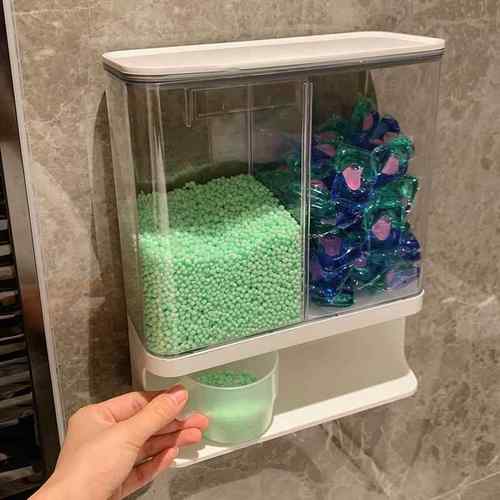 【品牌正品】洗衣粉留香凝珠收纳盒带杯子壁挂式防潮家用洗碗粉储