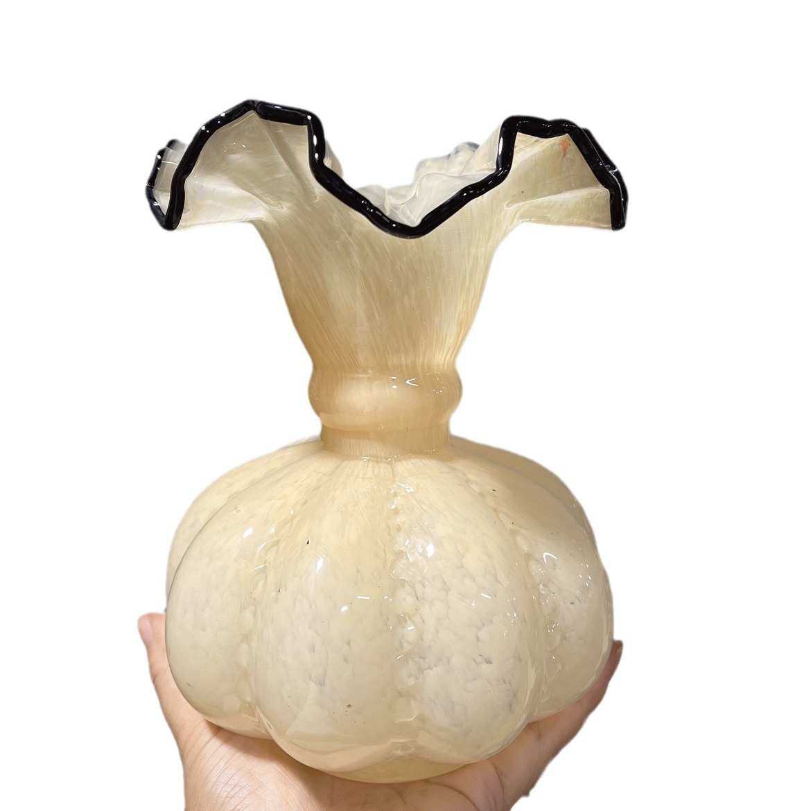 中古奶玉黄色芬顿风法式南瓜珠花瓶手工琉璃玻璃家插花器软装摆件