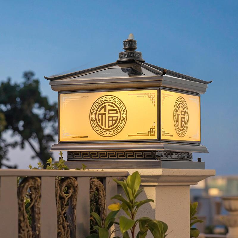 新中式全铜太阳能柱头灯宫廷翘角大门接电门柱灯别墅院子柱子灯