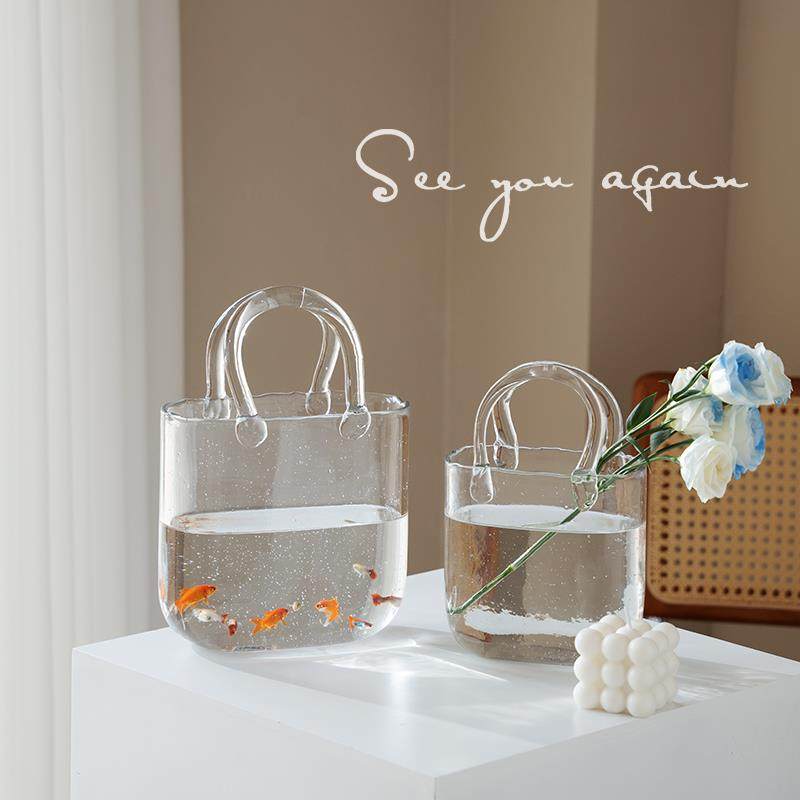 北欧手提包玻璃花瓶鱼缸透明高级感轻奢客厅水培器皿鲜花插花摆件,家居饰品,花瓶,淘宝优惠券,粉丝福利购,淘宝优惠卷