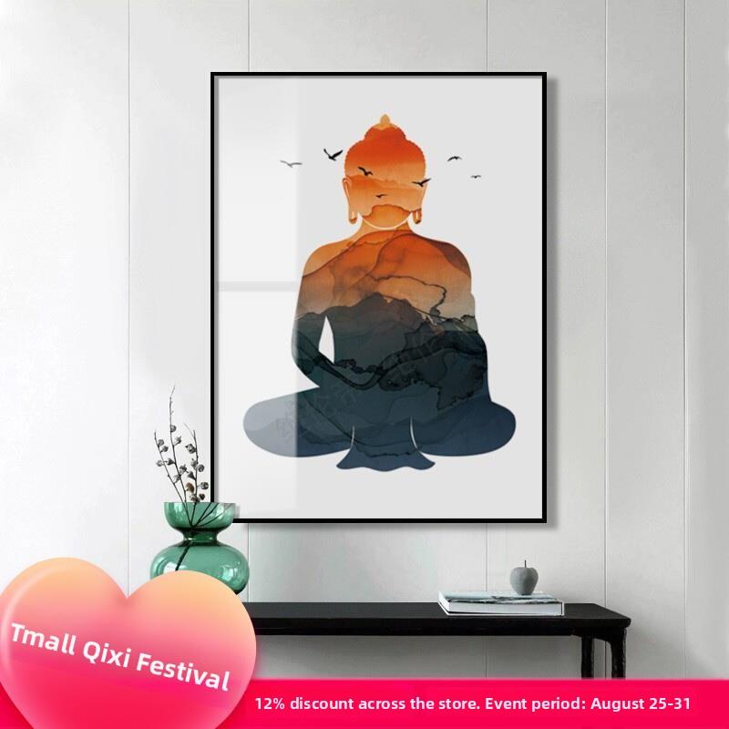 网红茶室佛像装饰画抽象水墨挂画新中式黑白极简养生馆背景墙壁画