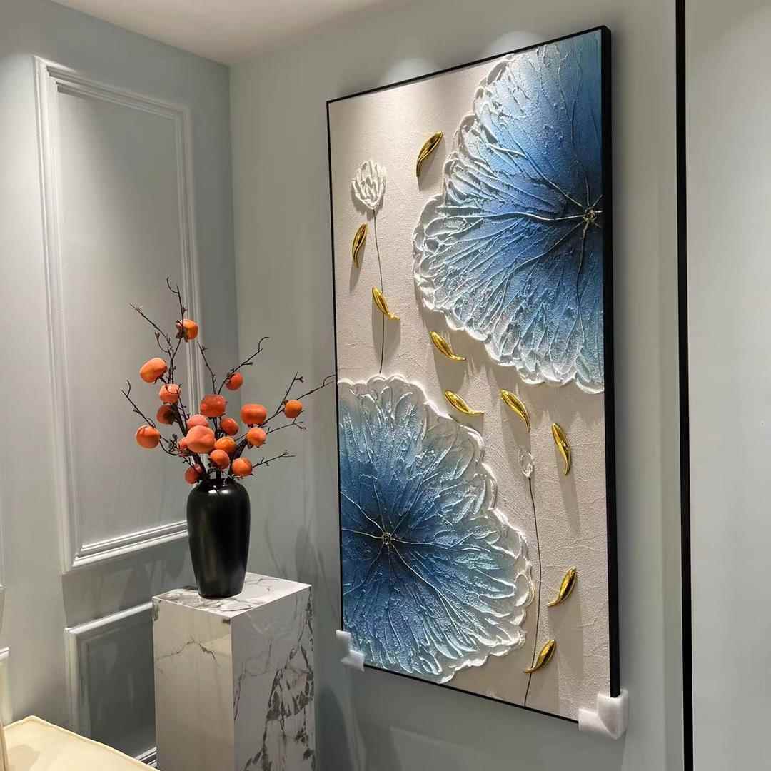 新中式荷花鱼砂岩纯手工手绘工艺油画装饰画复古玄关过道挂画壁挂图片