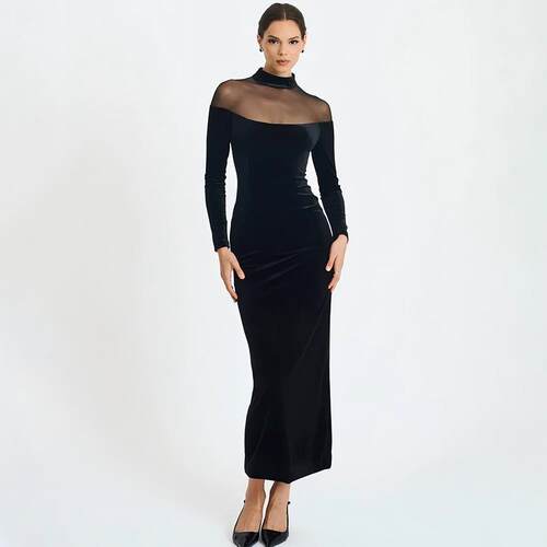 Wear a mesh patchwork dress and a tight long skirt