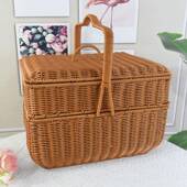 带盖野餐双层篮子家用长方形拜拜篮子仿藤编手工编织手提篮收纳篮