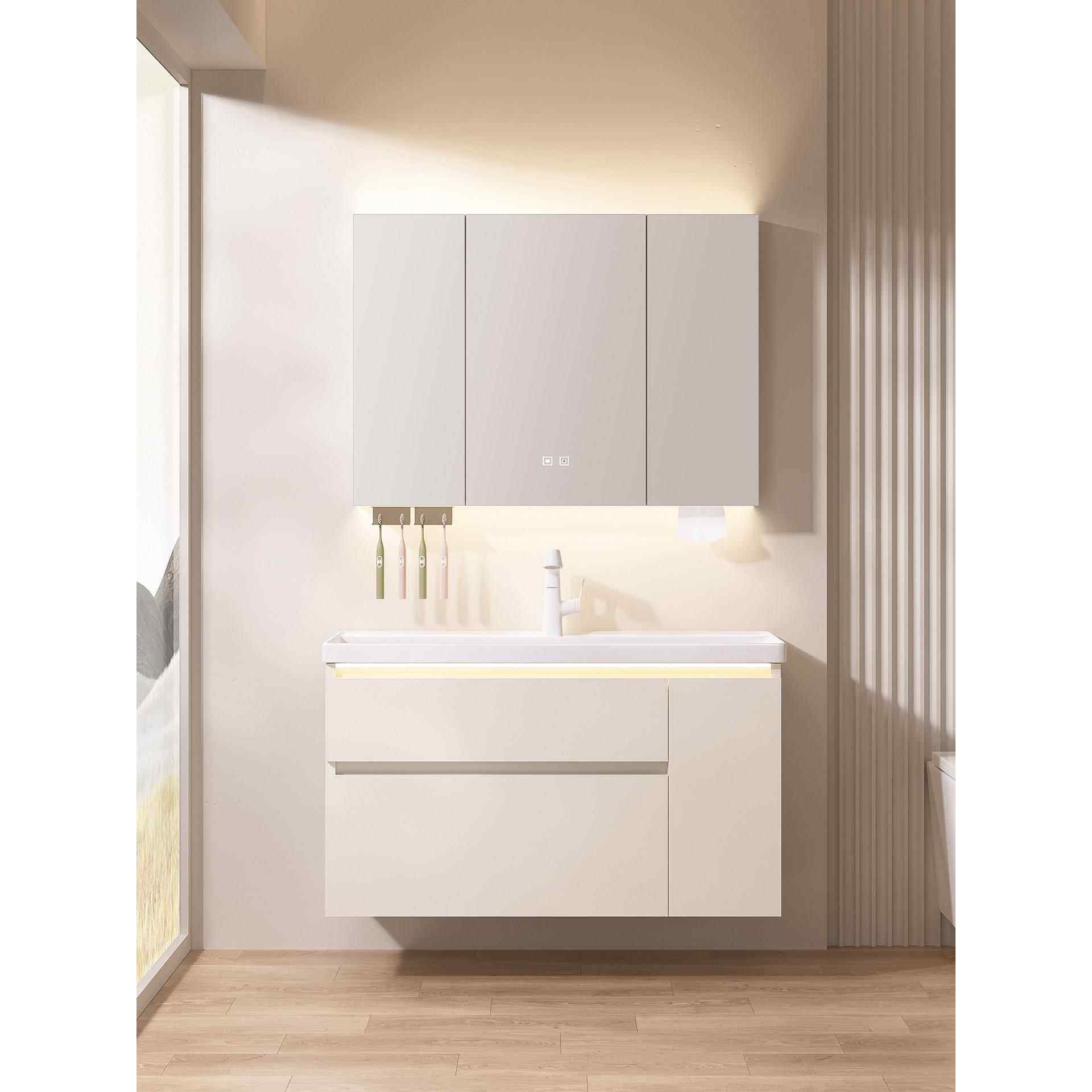 带收纳不锈钢拉篮太空蜂窝铝浴室柜组合陶瓷一体海洋盆洗手洗脸池