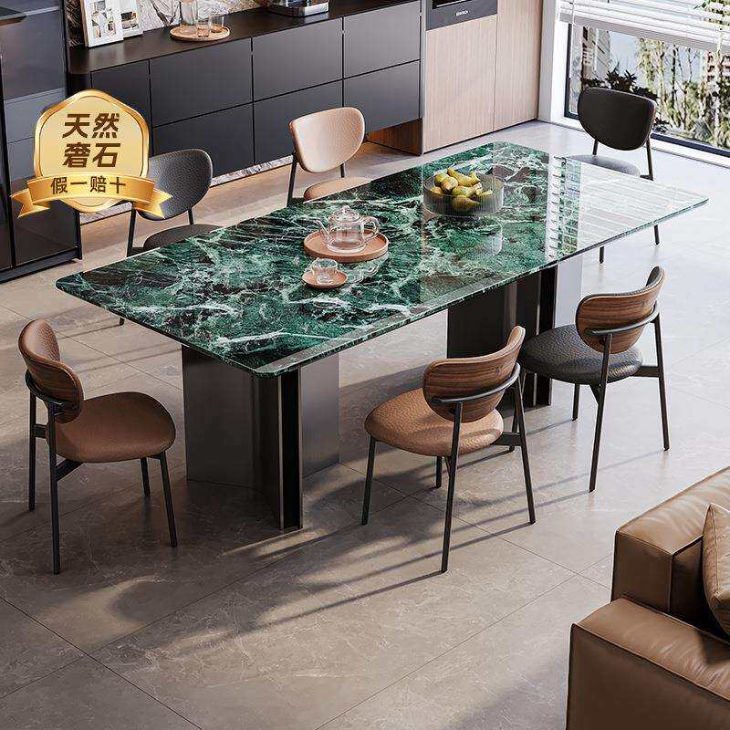 墅意极简轻奢普拉绿LJT-CT66达户天然奢式石餐桌2m大理石长饭桌别