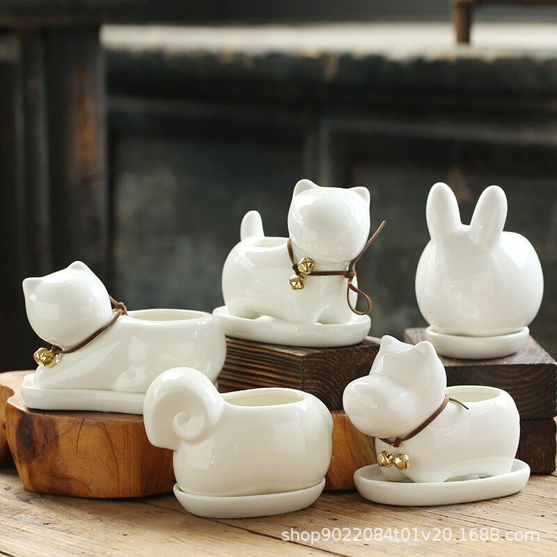 陶瓷白瓷可爱小动物多肉植物花盆创意卡通花盆带托盘工艺摆件