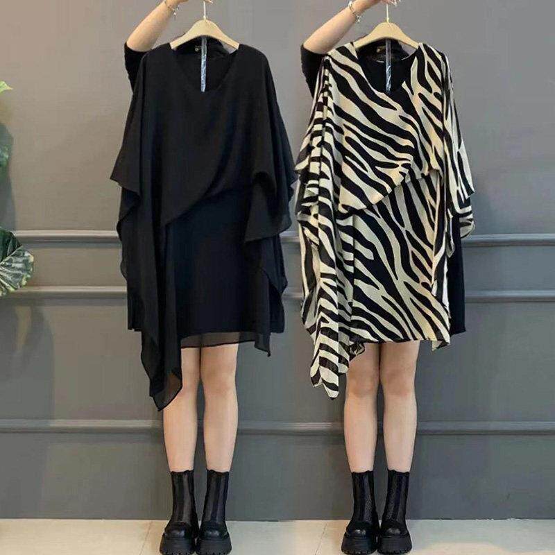 潮牌大码女装胖mm气质V领轻熟风不规则雪纺裙夏装高级衬衫连衣裙