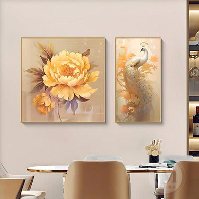网红轻奢高档餐饰寓画孔雀厅牡两丹花联挂画客厅背景墙大气装壁画