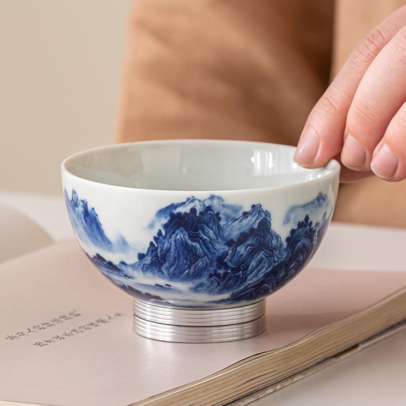 山水图敦煌转转杯主人杯单杯功夫品茗杯新款转乾白瓷茶具陶瓷茶杯