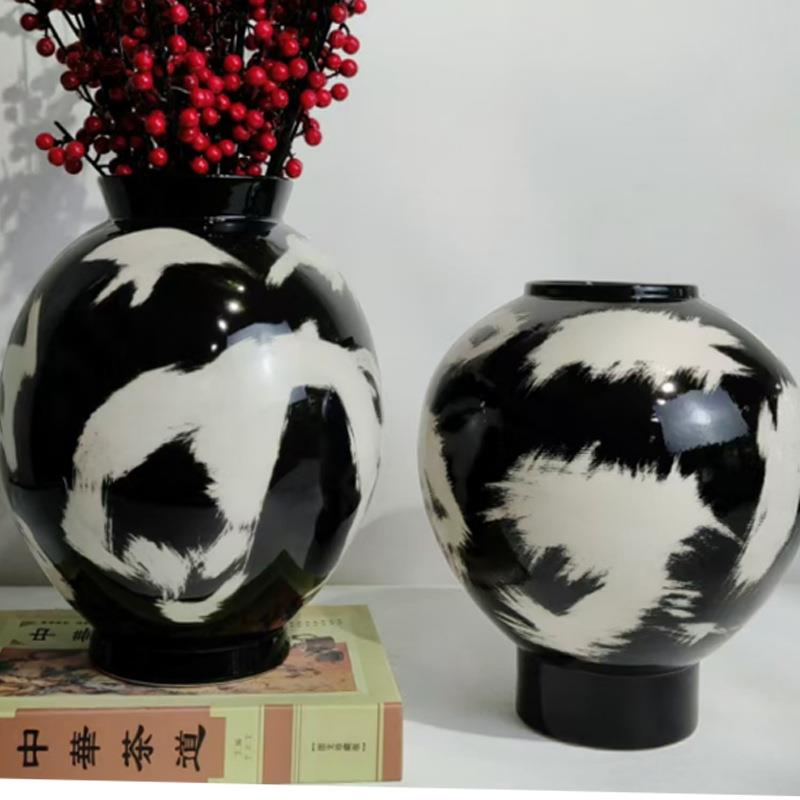 新中式陶瓷罐子样板房花架创意插花装饰品书房书剑罐花瓶水墨摆件图片