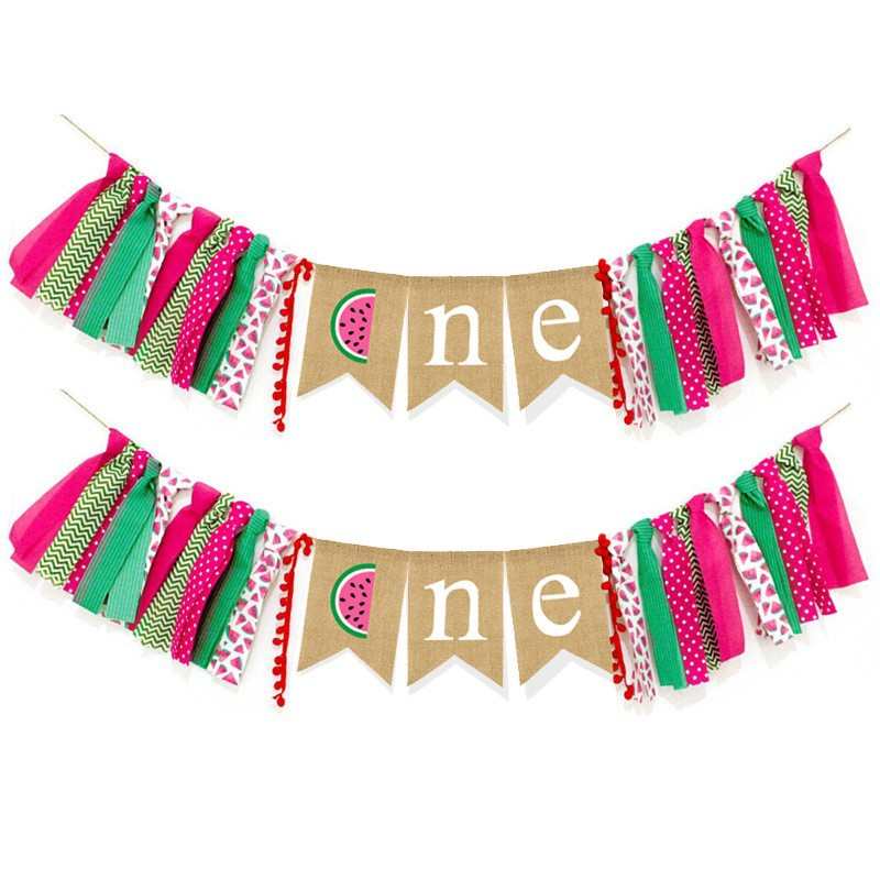 宝宝周岁生日派对装饰拉花彩色ONE麻布夏日西瓜主题拉旗餐椅旗