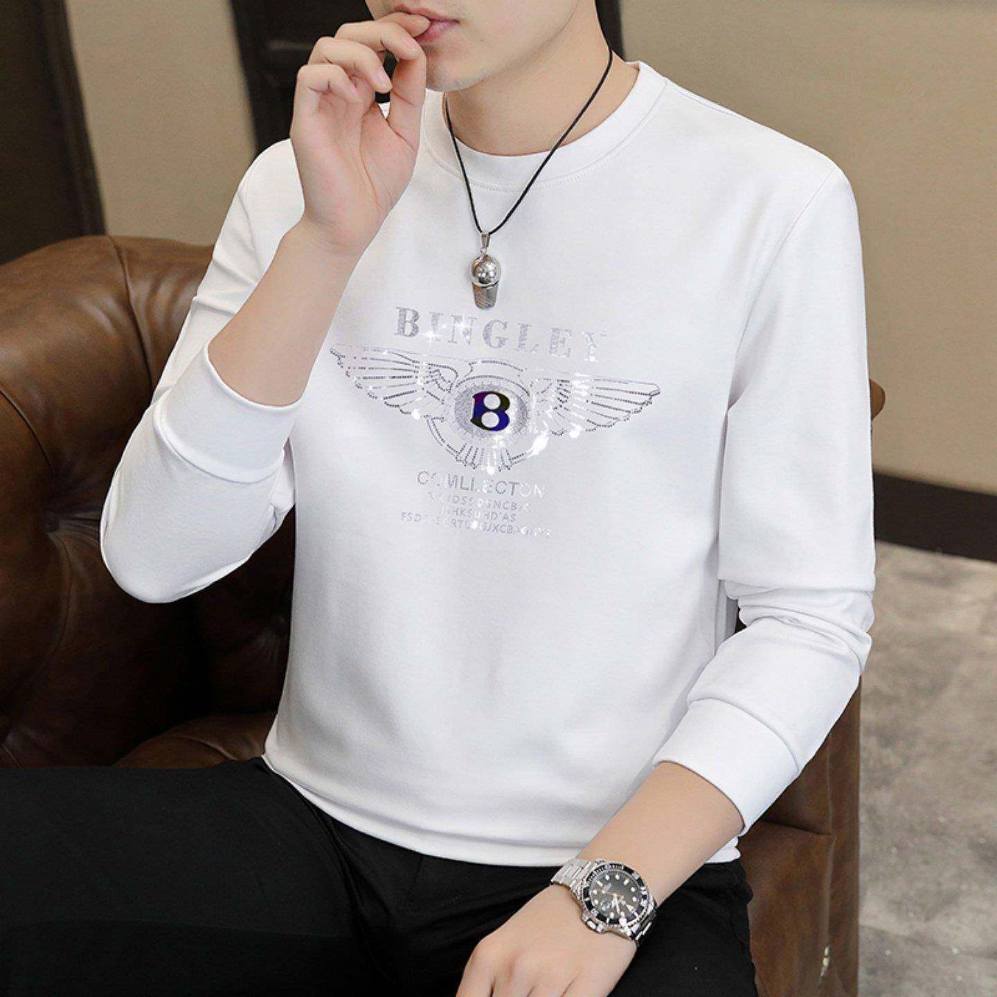 高端亮片卫衣男圆领印花春秋2026新款男士休闲百搭潮流长袖T恤帅