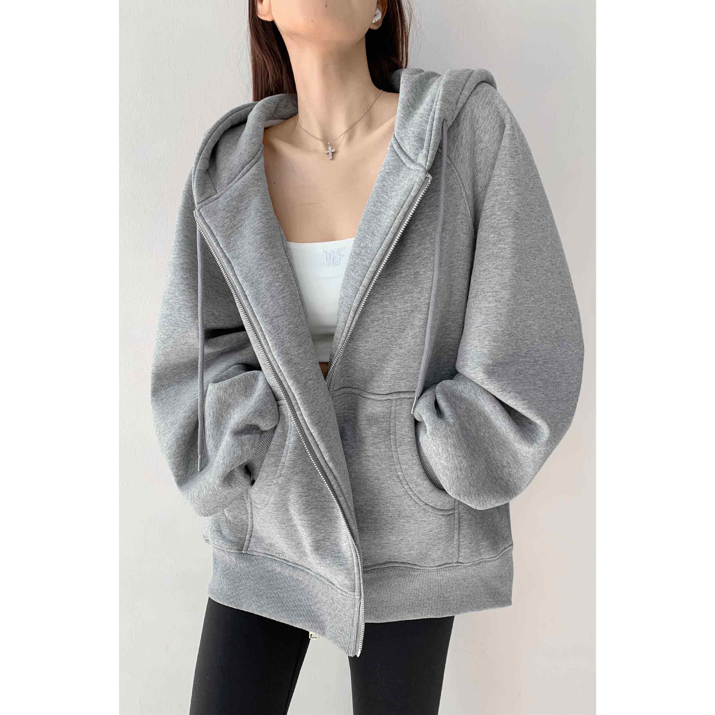 金智妮同款宽松慵懒欧美风灰色连帽卫衣女秋冬季潮牌外穿拉链外套