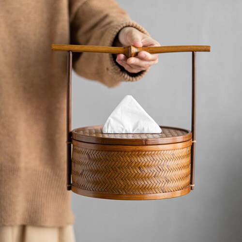 竹编纸巾盒客厅高档轻奢新中式手提纸抽盒摆件餐厅车载古风抽纸盒