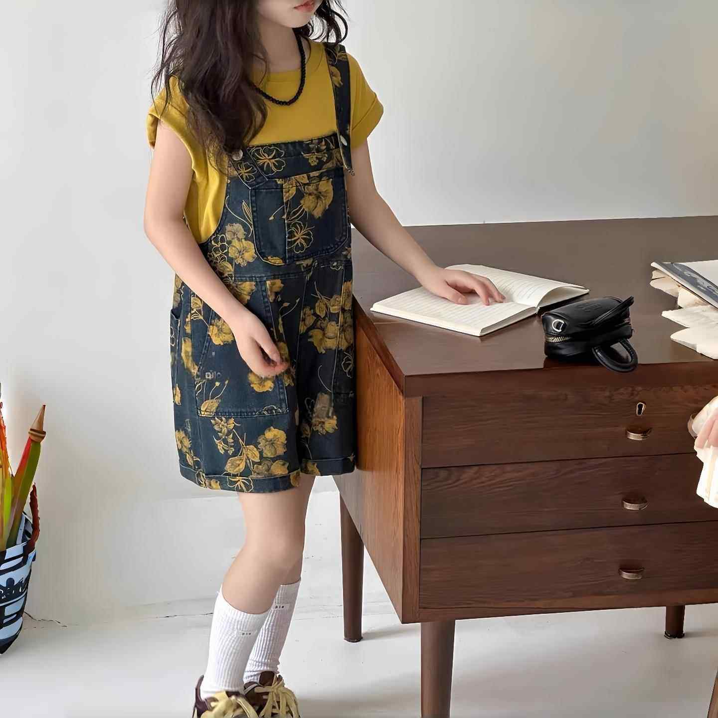 英国THOM ADER女童牛仔背带裤套装2025夏新款儿童韩版百搭两件套