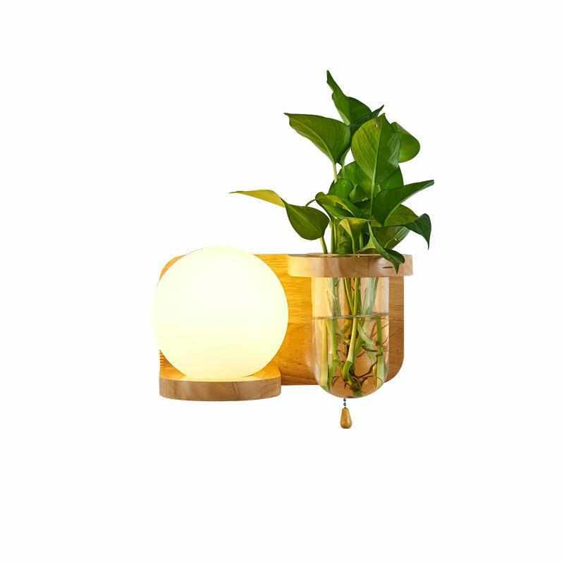 北欧简约绿植创意墙壁灯实木装饰壁挂阳台拉线开关卧室玻璃床头灯