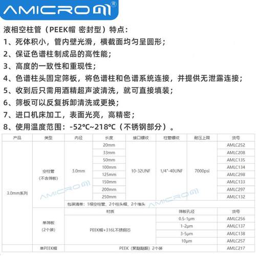 3.0mm内径分析柱管AMLC132 不锈钢液相色谱柱空柱50/150/250mm