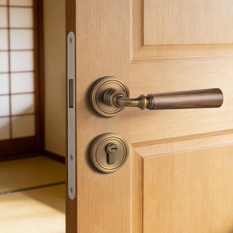 复古新中式门锁胡桃木门把手室内黄古铜法式静音家用分体机械锁具