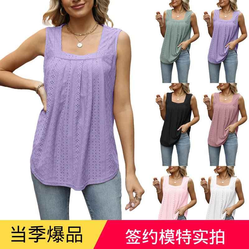 Pleated hollow square collar sleeveless swallowtail vest