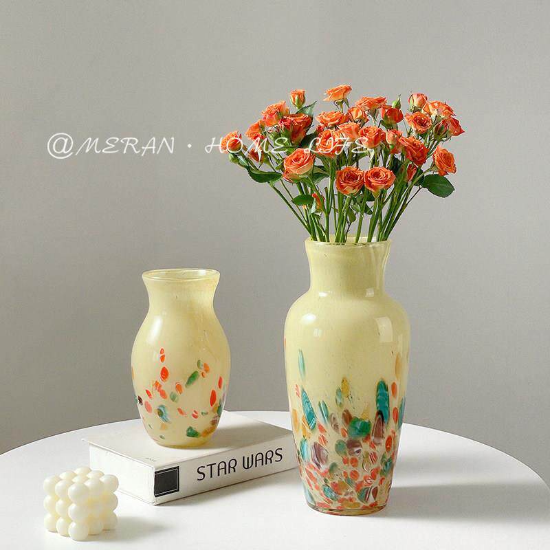 中古创意水彩设计高级感玻璃花瓶奶黄客厅插花摆件琉璃花器装饰品