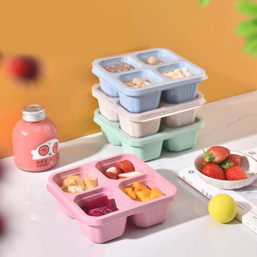 Wheat snack box with four compartments, transparent lid, sna