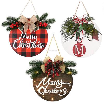 新耶诞节挂牌蝴蝶结门挂装饰品LED灯木质门牌Christmas doorplate