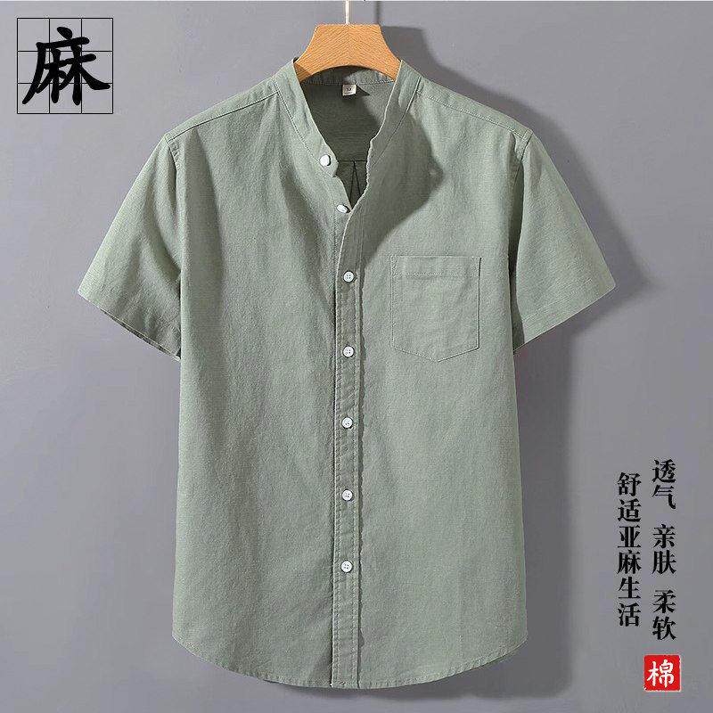 香港棉麻短袖衬衫男士夏季中国风亚麻休闲衬衣薄款小立领透气上衣