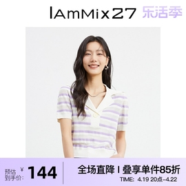 IAmMIX27时尚套头针织衫女个性撞色条纹提花POLO领休闲针织上衣女