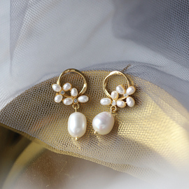 s925纯银天然珍珠耳环女圆圈气质甜美韩国简约个性设计感百搭耳饰
