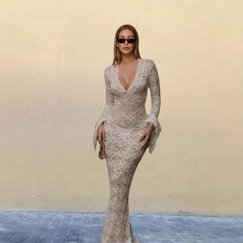 Women'S Elegant Lace Plunge V Neckline Long Sleeve Dress