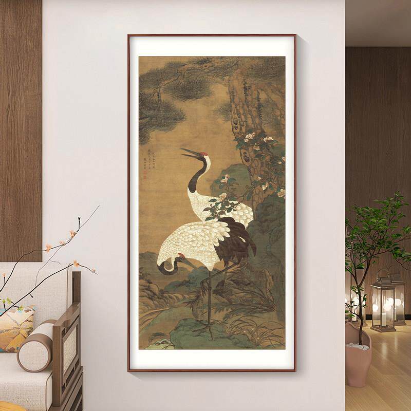 网红松鹤延年仙鹤图新中式客厅玄琴关挂画古听图茶书房装饰画画室