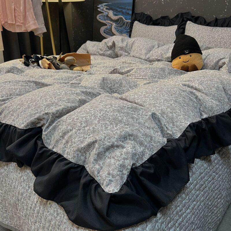 法式覆古小碎花皱皱纱床单床盖款四件套韩版花边被套宿舍床三件套