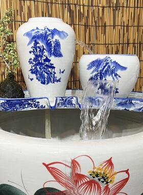 陶瓷流水摆件青花瓷瀑布罐古法养鱼庭院鱼缸造景自循环流水过滤