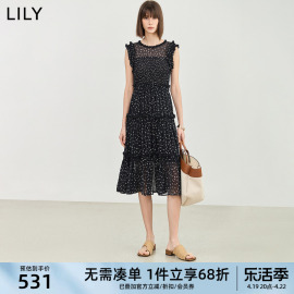 LILY2024夏法式复古碎花轻薄花边无袖高腰显瘦连衣裙小黑裙