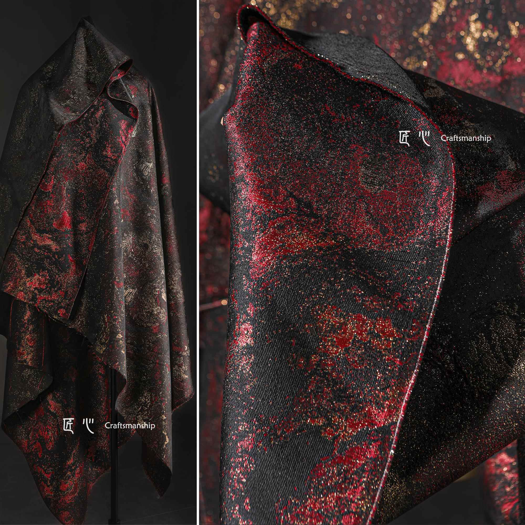 红黑云鎏金反光提花布料马面裙汉服西装外套国风服装设计师面料