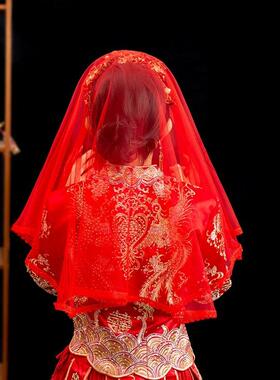 红色中国风结婚新娘红盖头半透明头纱秀禾服喜帕中式婚礼头纱头饰
