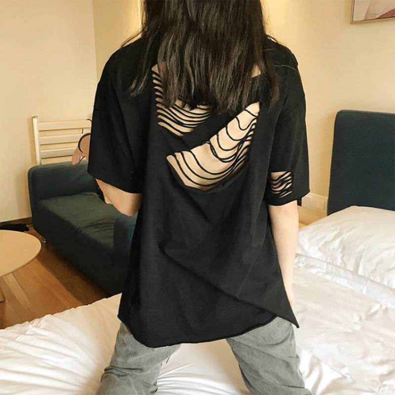 露背t恤女夏季欧货镂空短袖中长薄款不规则破洞上衣黑色体恤衫潮