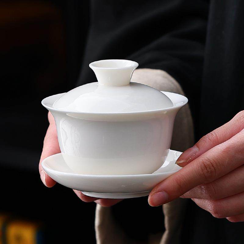 羊脂玉三才盖碗悬停白瓷泡茶碗茶杯薄胎茶具盖碗茶茶碗功夫小号杯