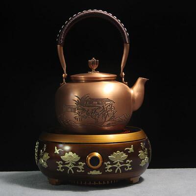 家用铜壶烧水壶茶壶纯铜手工紫铜养生壶覆古煮茶器黑晶炉铜壶套装