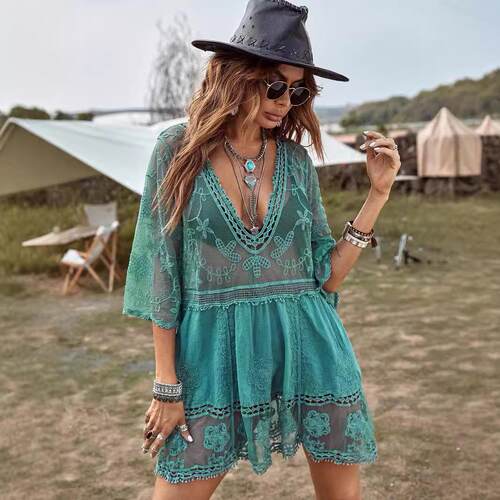 Women’s Swimwear Lace Cover Up V Neck Loose Beach Dress,