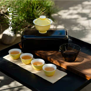 由至便携盒装 功夫茶具玉泥色釉一盖碗四杯旅行套组办公室 茶具套装