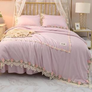 正品 真丝四件床罩床套裙被可固定床单少套女丝心滑套件床上用 法式