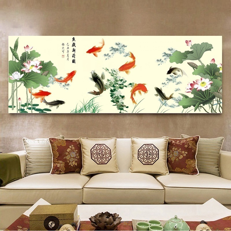 新中式客厅装饰画现代荷花九鱼图聚财风水招财壁画餐厅九条鱼挂画图片