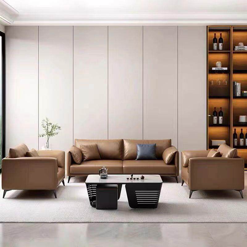 办公室沙发皮艺老板商务接待会客区简约现代办公休闲茶几组合套装