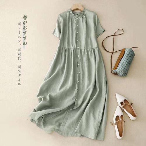 Cotton and linen short sleeved dress with black fungus