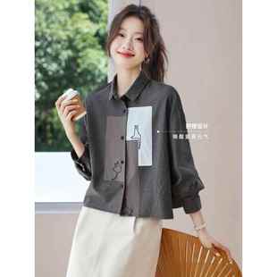 短款高腰纯棉长袖衬衫上衣女2025新款春秋小个子休闲宽松外穿衬衣